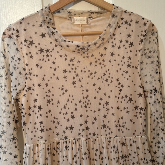 EUC- Altar’d State Pink Sheer Tiered Long Sleeve Mesh Dress with Black Stars - Picture 2 of 9